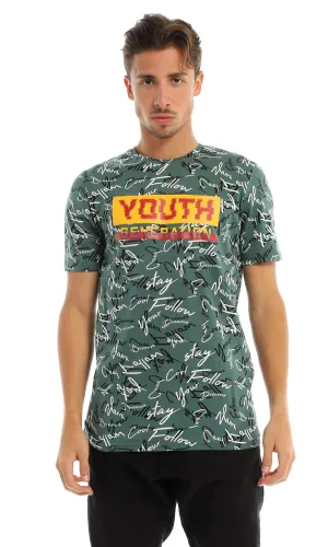 97370 "Youth Generation" Printing & Self Patterned Green T-Shirt