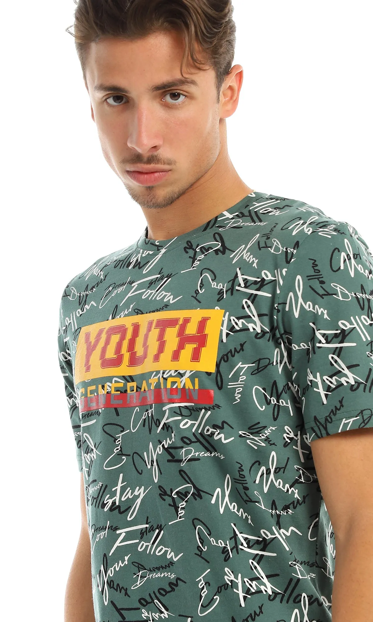 97370 "Youth Generation" Printing & Self Patterned Green T-Shirt