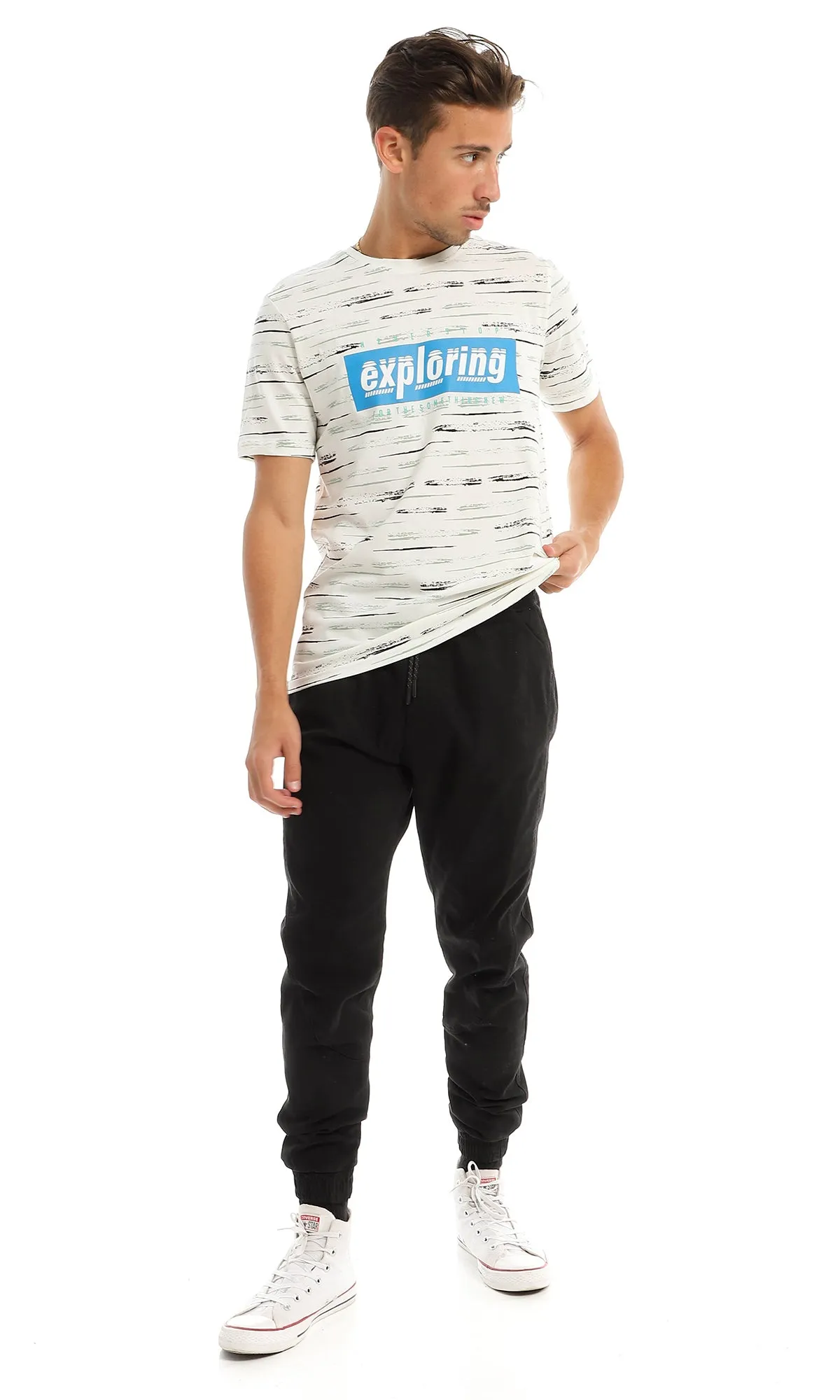 97376 "Exploring" Printing & Self Patterned T-Shirt - Off White