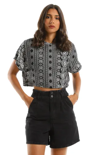 98843 Loose Fit Self Patterned Black And White Crop Tee