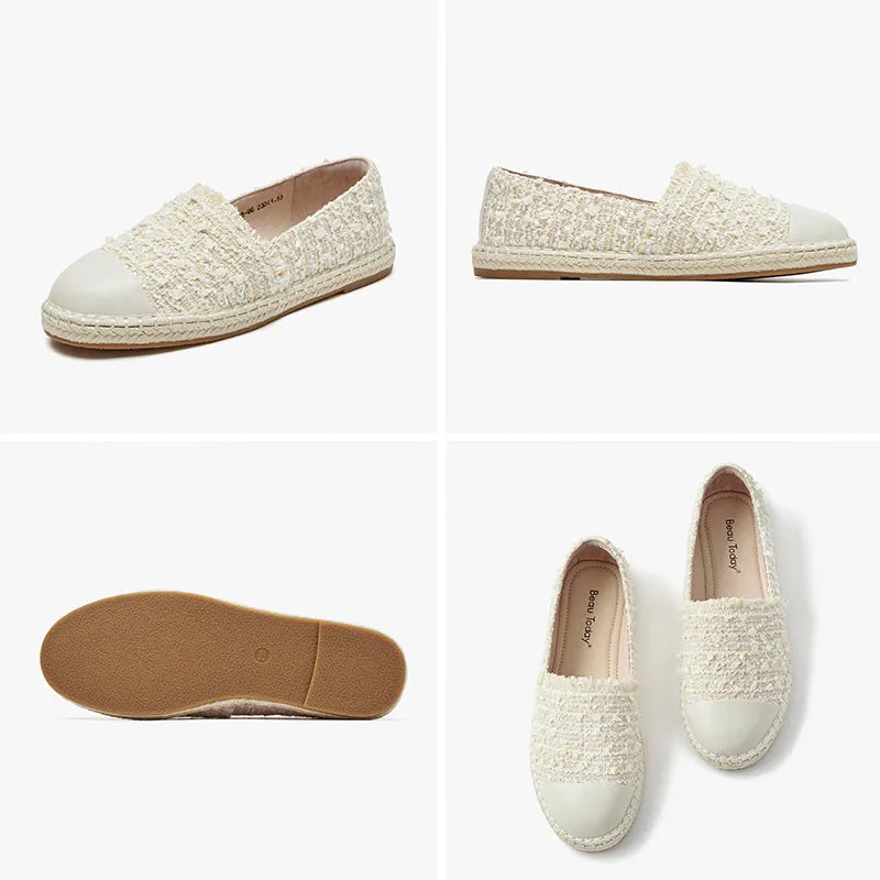 BeauToday Handmade Sheepskin Slip-on Espadrilles Flats in Beige for Women