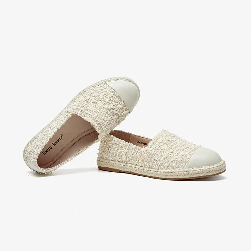 BeauToday Handmade Sheepskin Slip-on Espadrilles Flats in Beige for Women