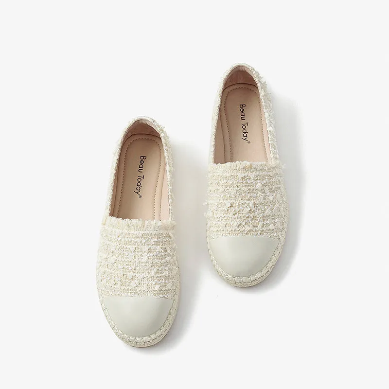 BeauToday Handmade Sheepskin Slip-on Espadrilles Flats in Beige for Women