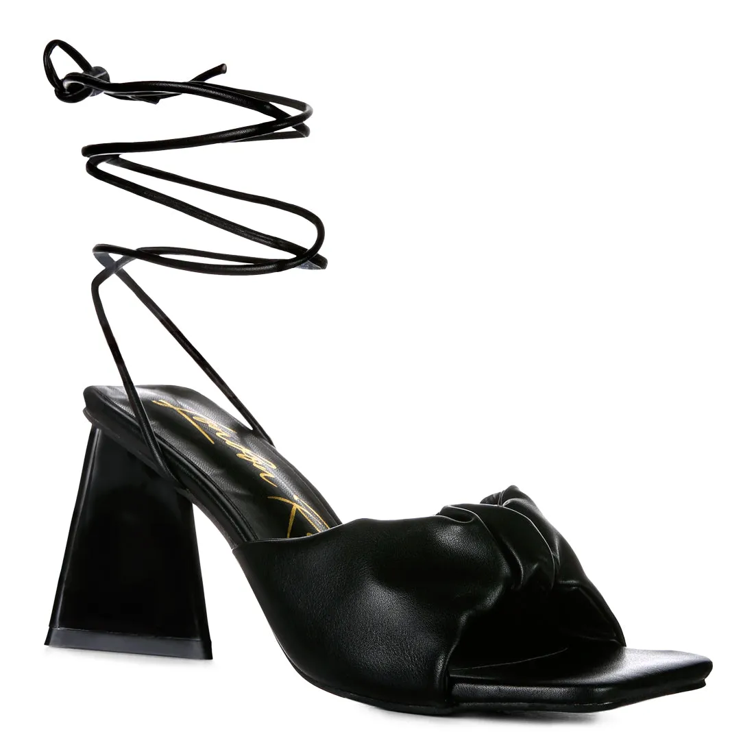 Black Ruched Strap Triangular Heel Lace Up Sandal