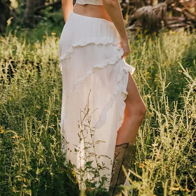 Bohemian White Ruffled Asymmetrical Midi Skirt with Lace-Up Detail