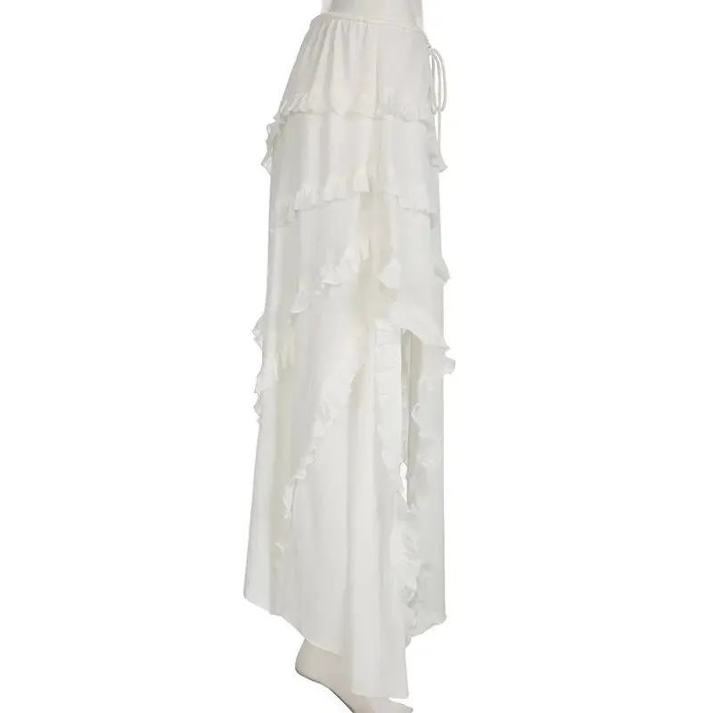 Bohemian White Ruffled Asymmetrical Midi Skirt with Lace-Up Detail