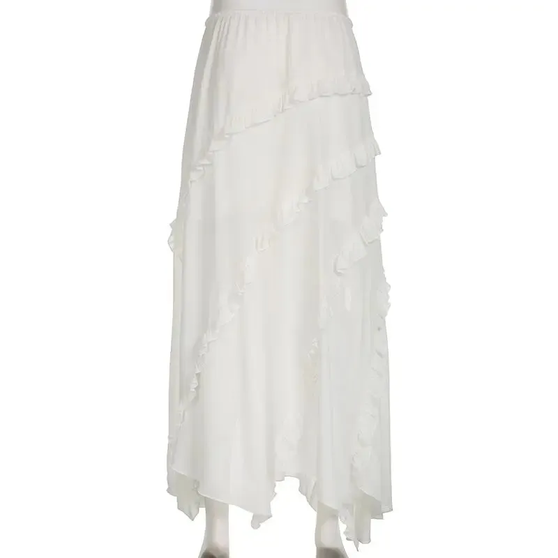 Bohemian White Ruffled Asymmetrical Midi Skirt with Lace-Up Detail