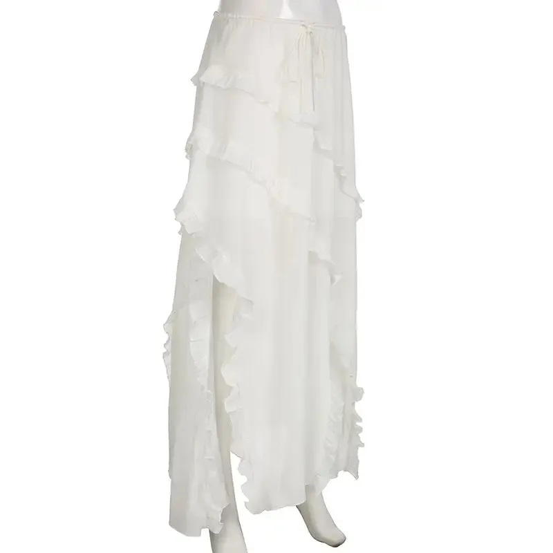 Bohemian White Ruffled Asymmetrical Midi Skirt with Lace-Up Detail