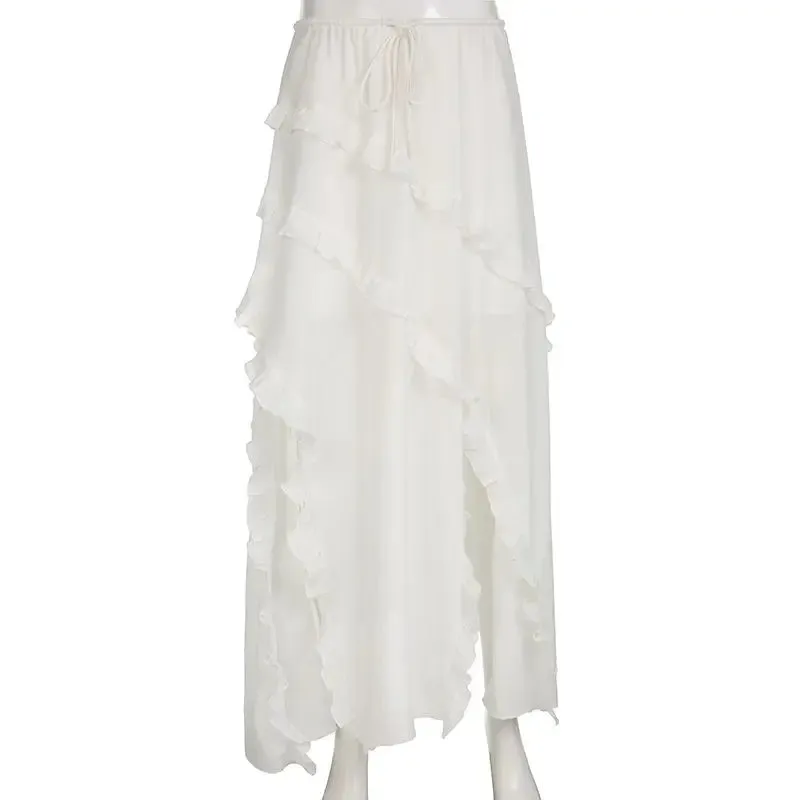 Bohemian White Ruffled Asymmetrical Midi Skirt with Lace-Up Detail