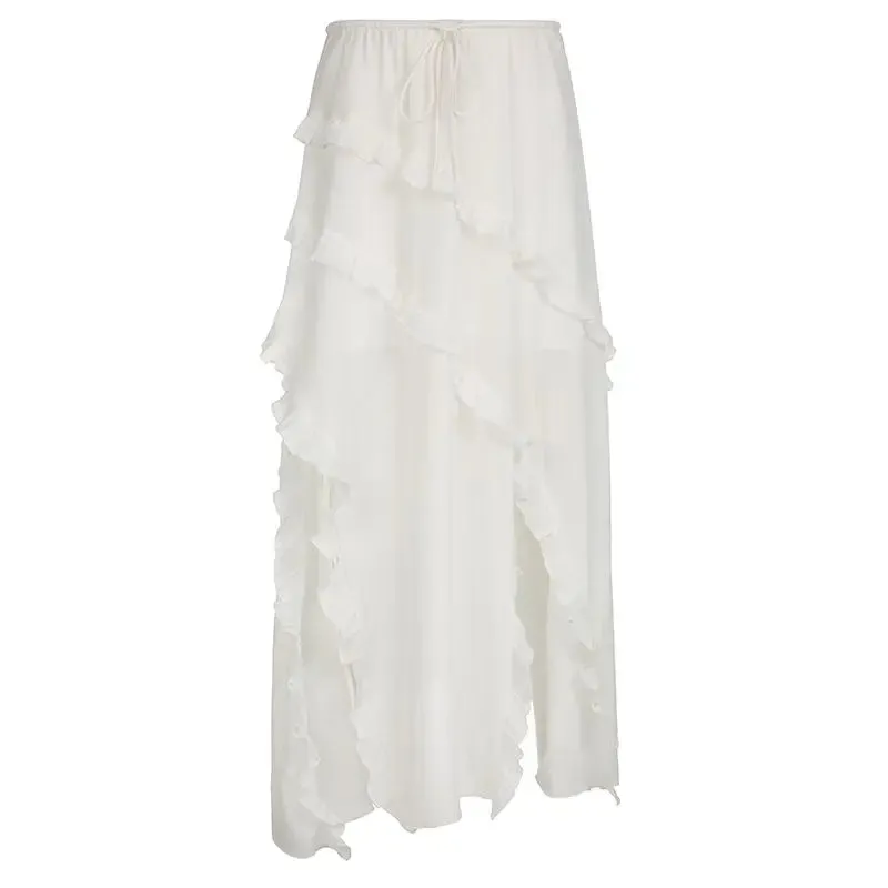 Bohemian White Ruffled Asymmetrical Midi Skirt with Lace-Up Detail