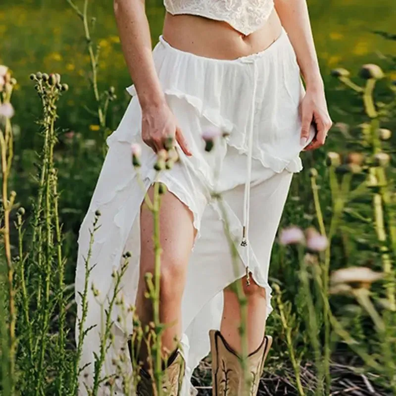 Bohemian White Ruffled Asymmetrical Midi Skirt with Lace-Up Detail