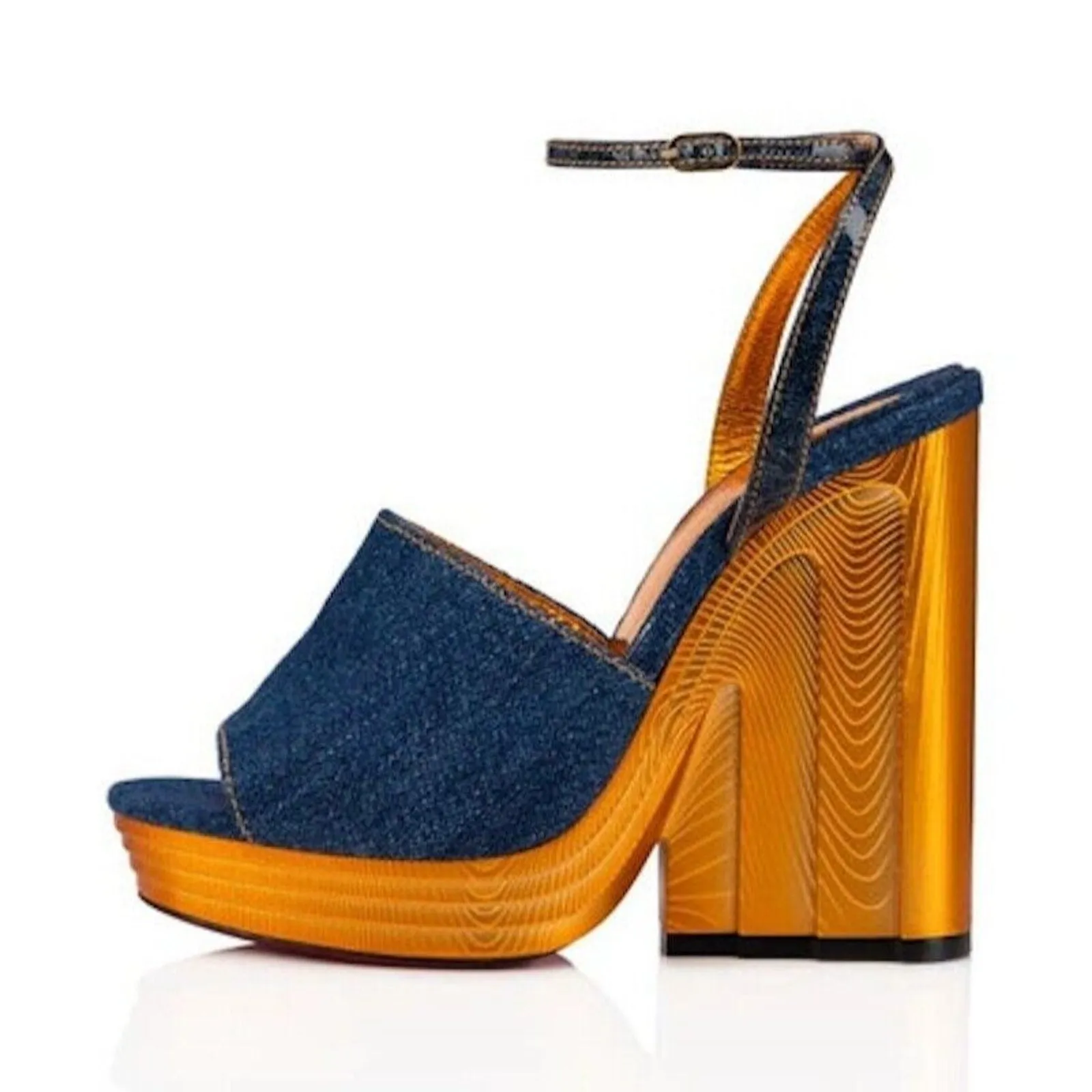 Christian Louboutin Mira Colunata 120 Denim Platform Wedge Sandals Pump Blue