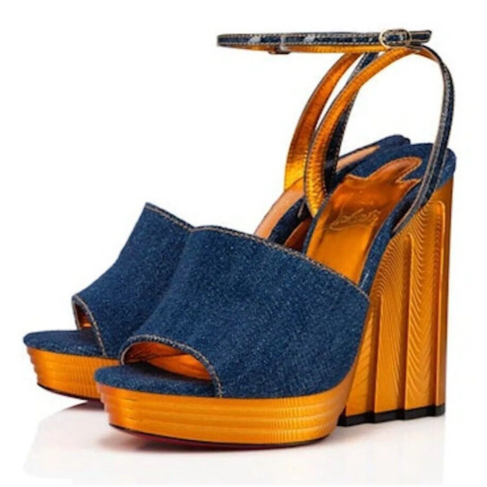 Christian Louboutin Mira Colunata 120 Denim Platform Wedge Sandals Pump Blue