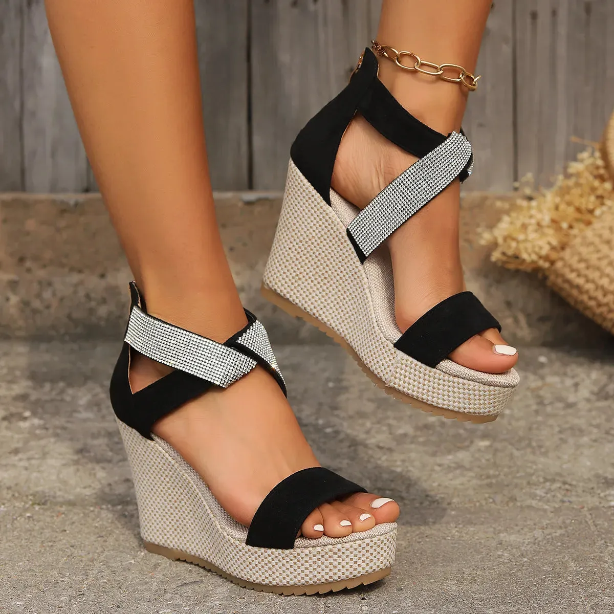 Fish Mouth High Wedges Sandals With Rhinestone Design Fashion Summer Platform Shoes For Women