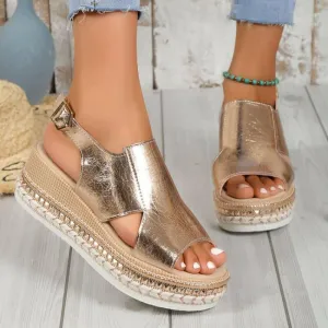 Gold Metallic Wedge Heel Summer Sandals with Slingback Strap