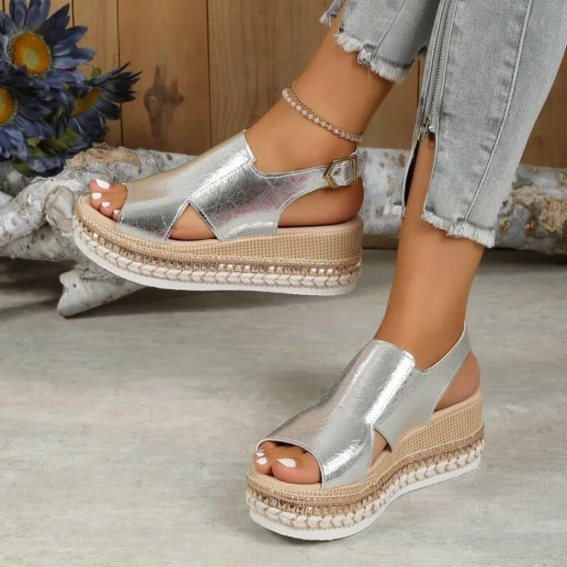 Gold Metallic Wedge Heel Summer Sandals with Slingback Strap