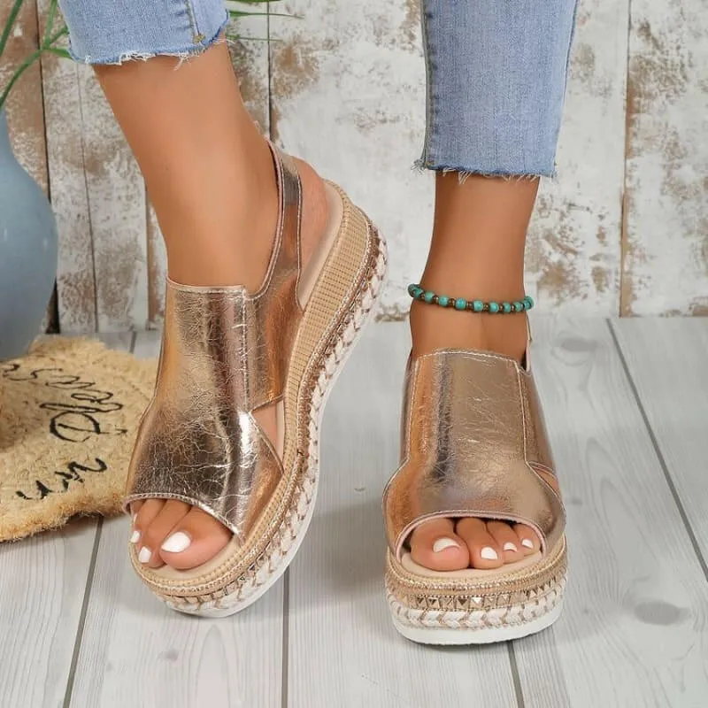 Gold Metallic Wedge Heel Summer Sandals with Slingback Strap