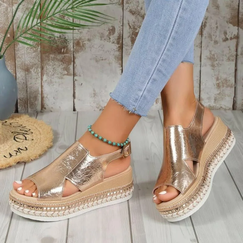 Gold Metallic Wedge Heel Summer Sandals with Slingback Strap