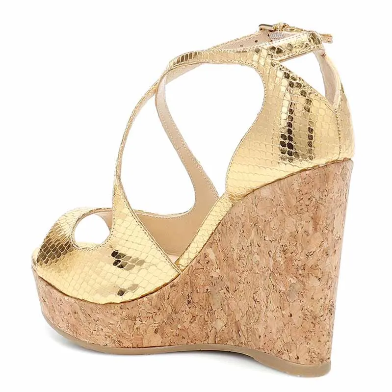 Gold Wedges for Women Peep-toe Buckle Wedge Sandals