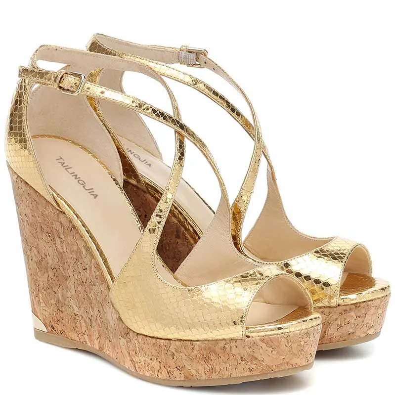 Gold Wedges for Women Peep-toe Buckle Wedge Sandals