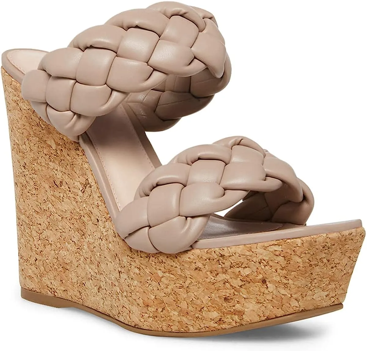 Leather Nude Braided Double Strap Wedge Sandals