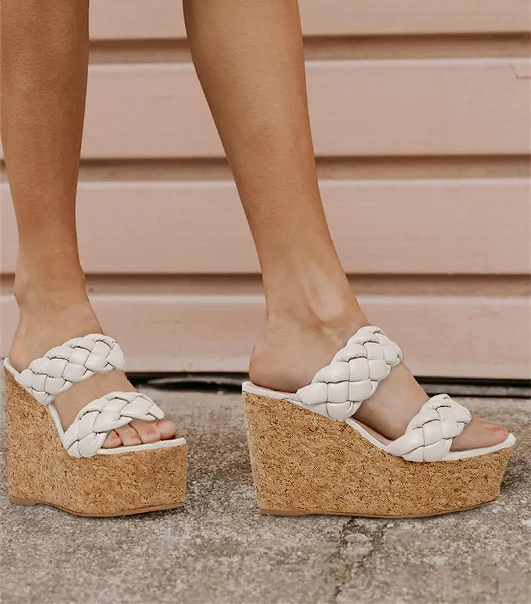 Leather Nude Braided Double Strap Wedge Sandals