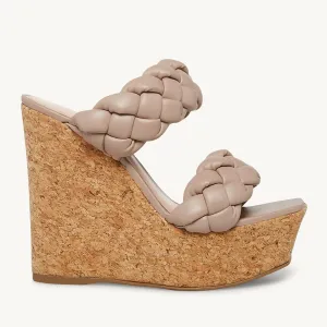 Leather Nude Braided Double Strap Wedge Sandals