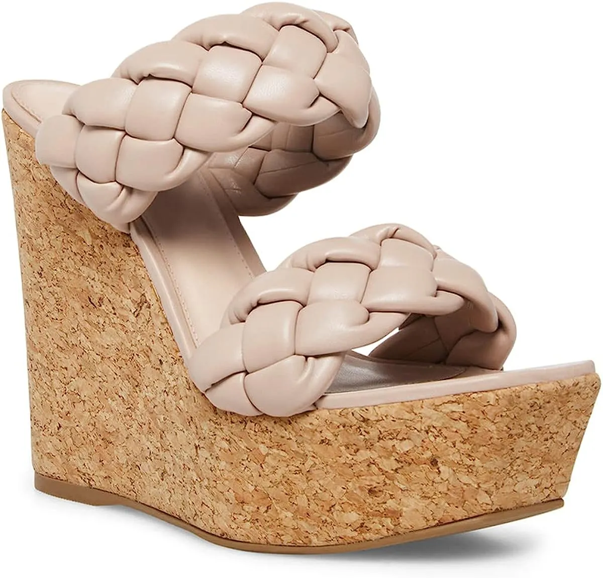 Leather Nude Braided Double Strap Wedge Sandals