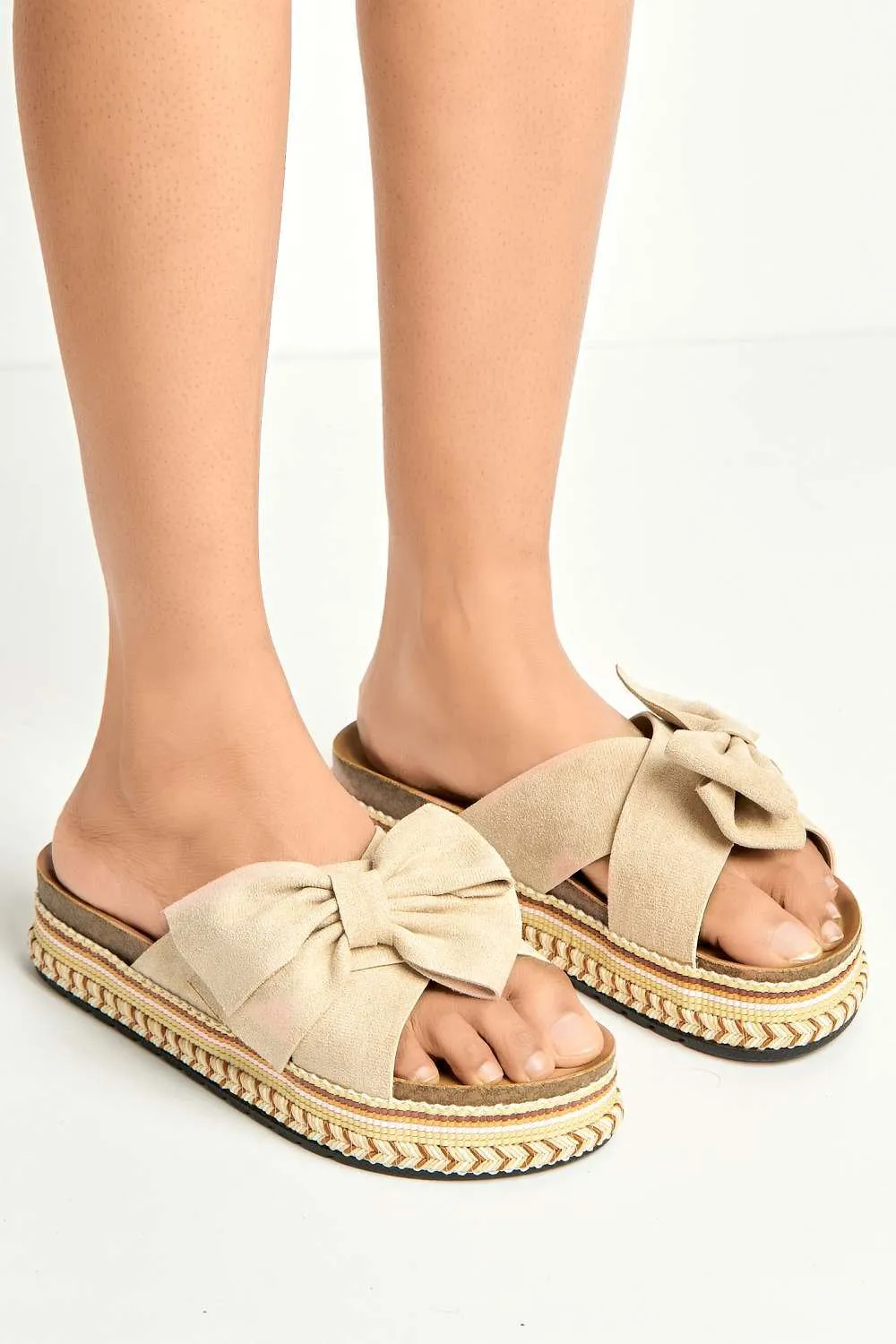 Lucia Crossover Knotted Bow Band Espadrilles in Beige