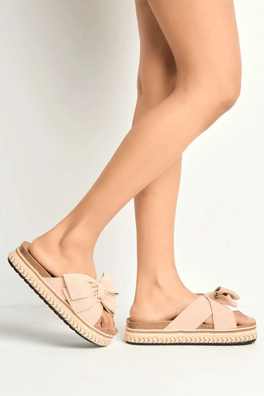 Lucia Crossover Knotted Bow Band Espadrilles in Beige