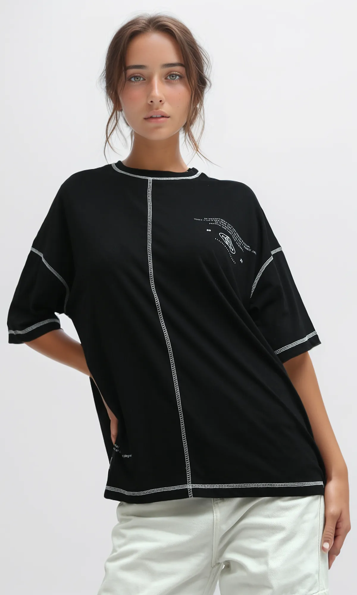 O181663 Stitched Elbow-Sleeves Black Summer Long Tee