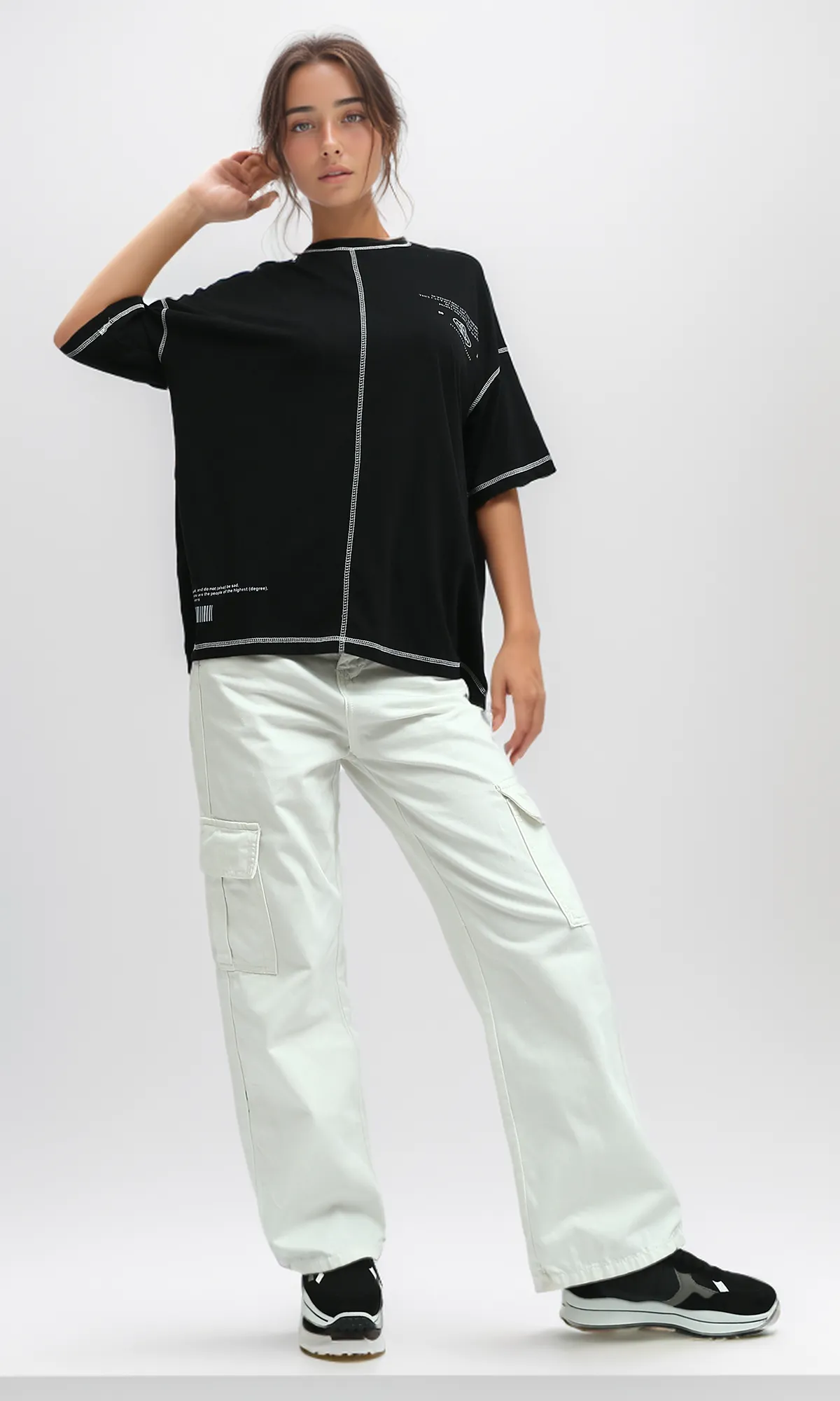 O181663 Stitched Elbow-Sleeves Black Summer Long Tee