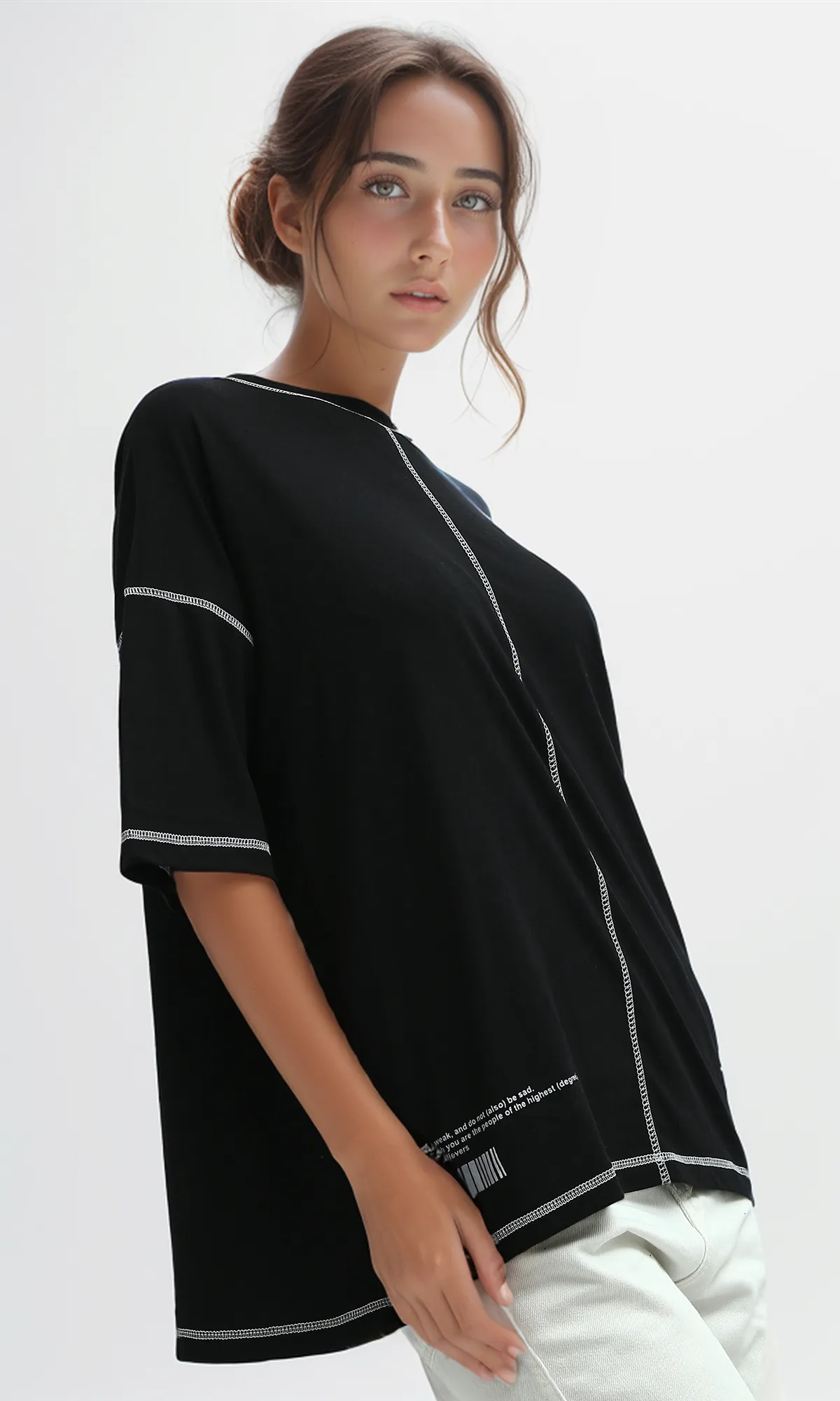 O181663 Stitched Elbow-Sleeves Black Summer Long Tee