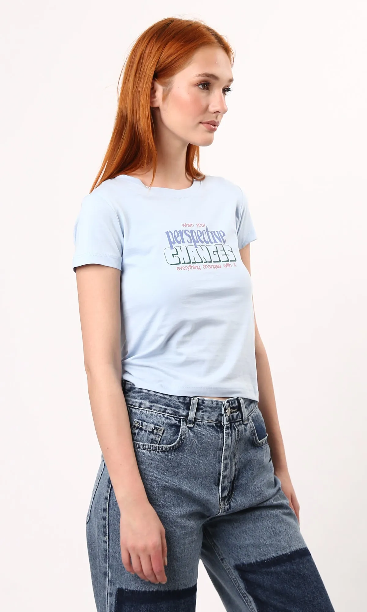 O189260 Front Print Light Blue Short Sleeves Tee