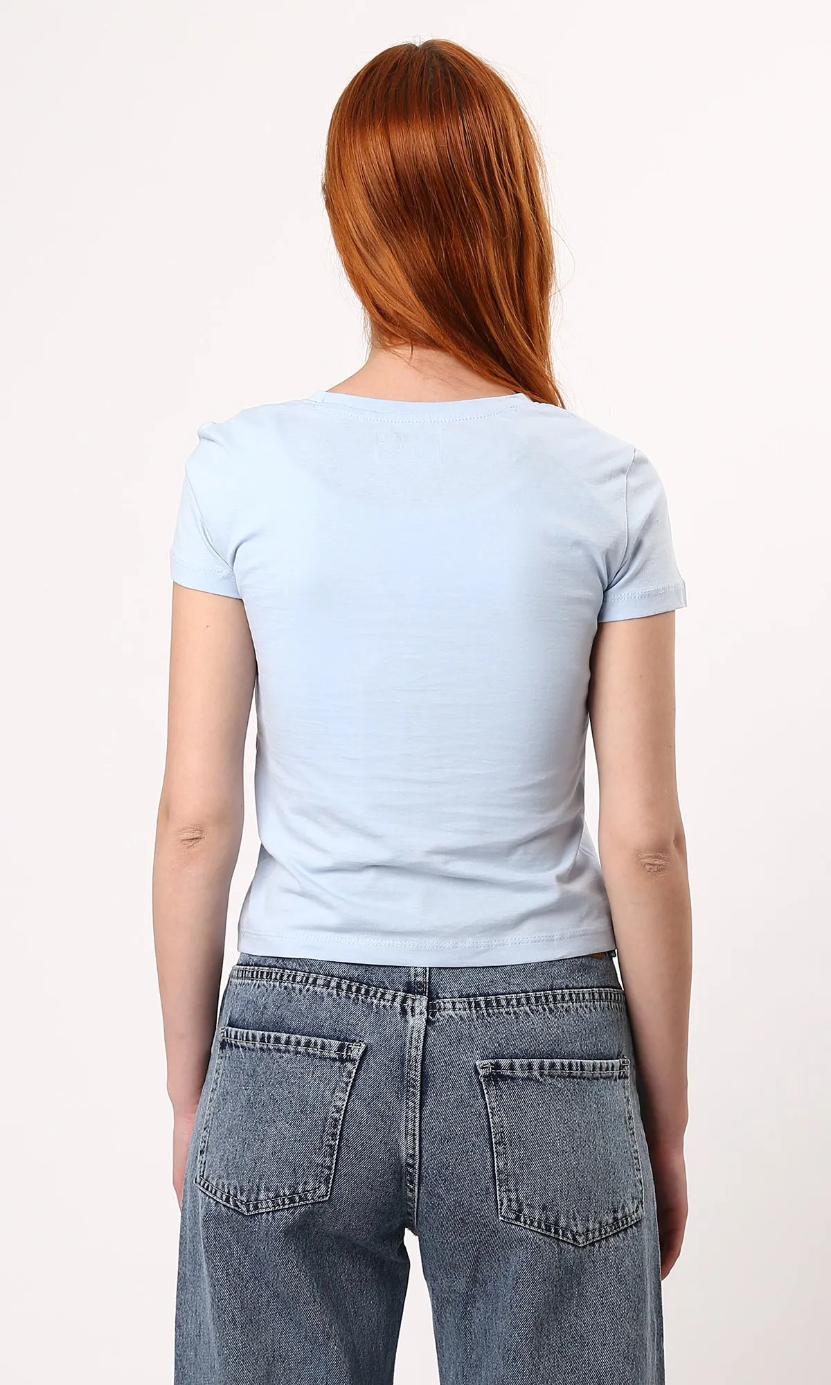 O189260 Front Print Light Blue Short Sleeves Tee