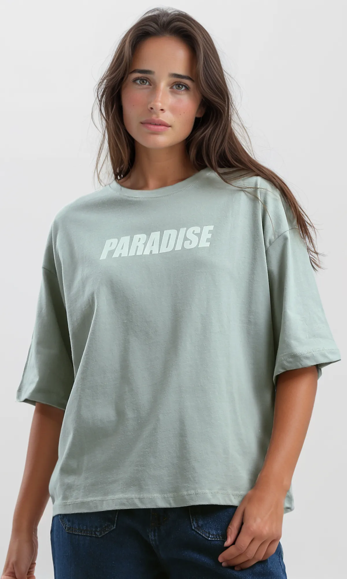 O192298 "Paradise" Print Light Grey Relaxed Fit Tee