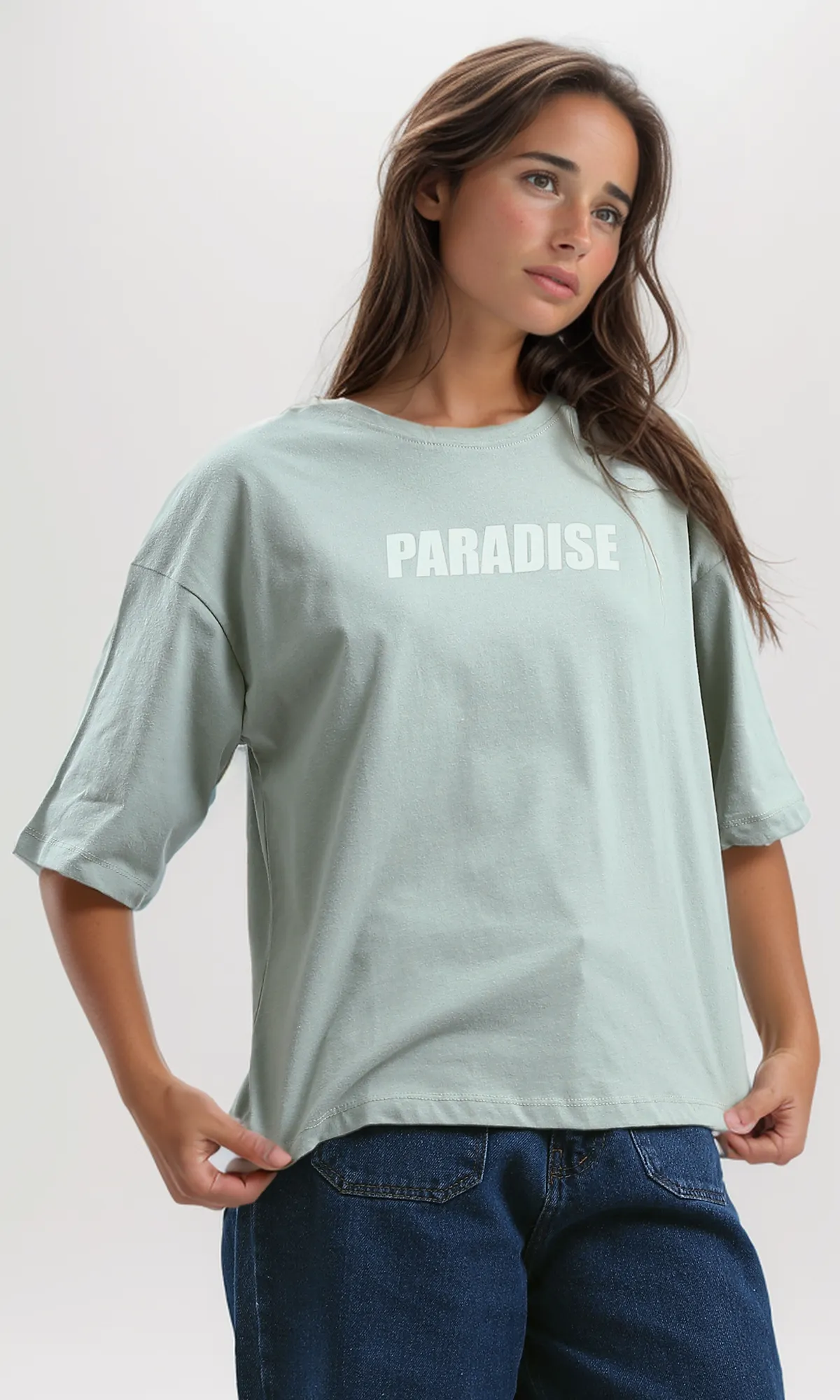 O192298 "Paradise" Print Light Grey Relaxed Fit Tee