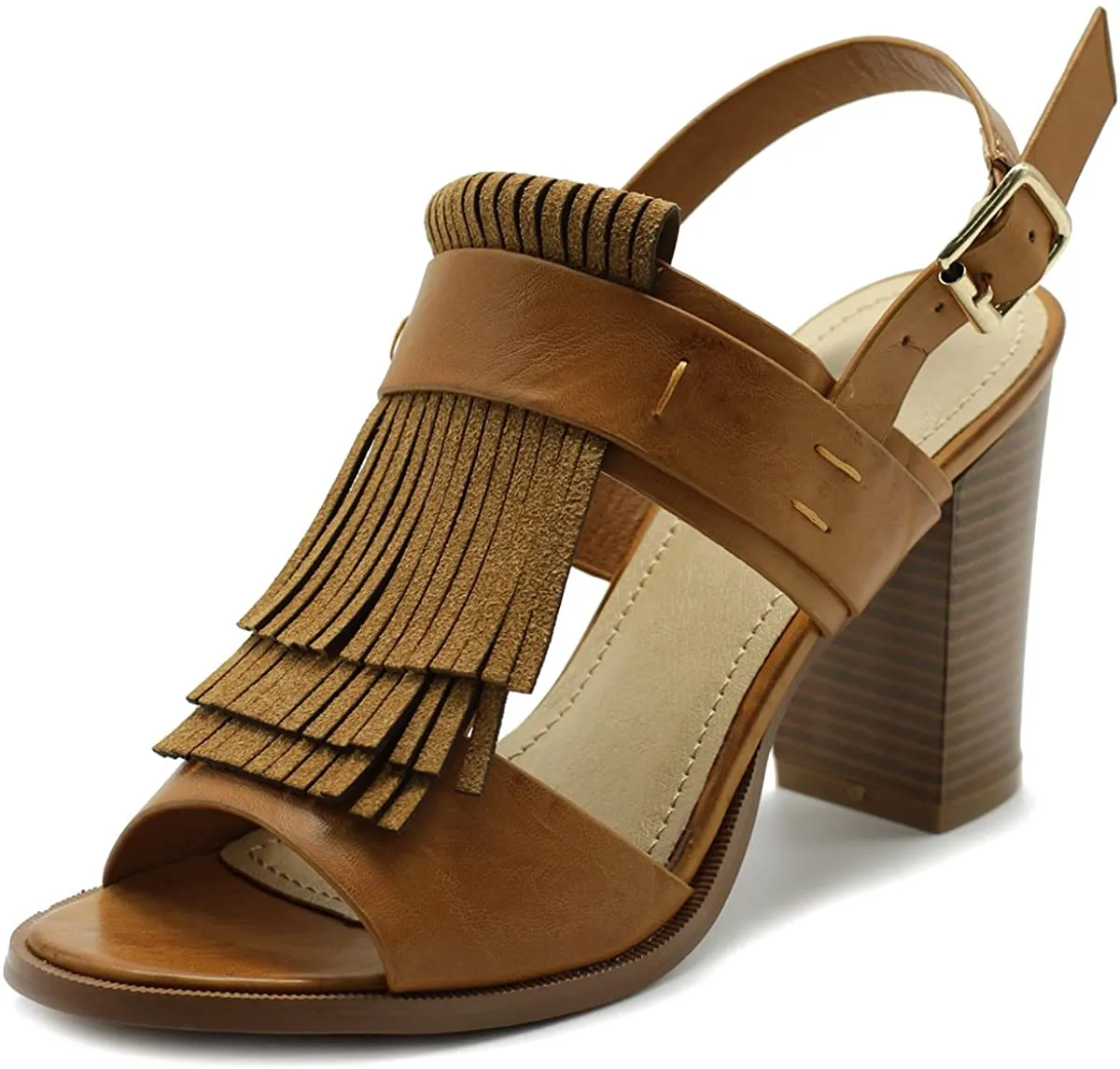 Ollio Womens Shoe Fringe Stack Block High Heel Sandal