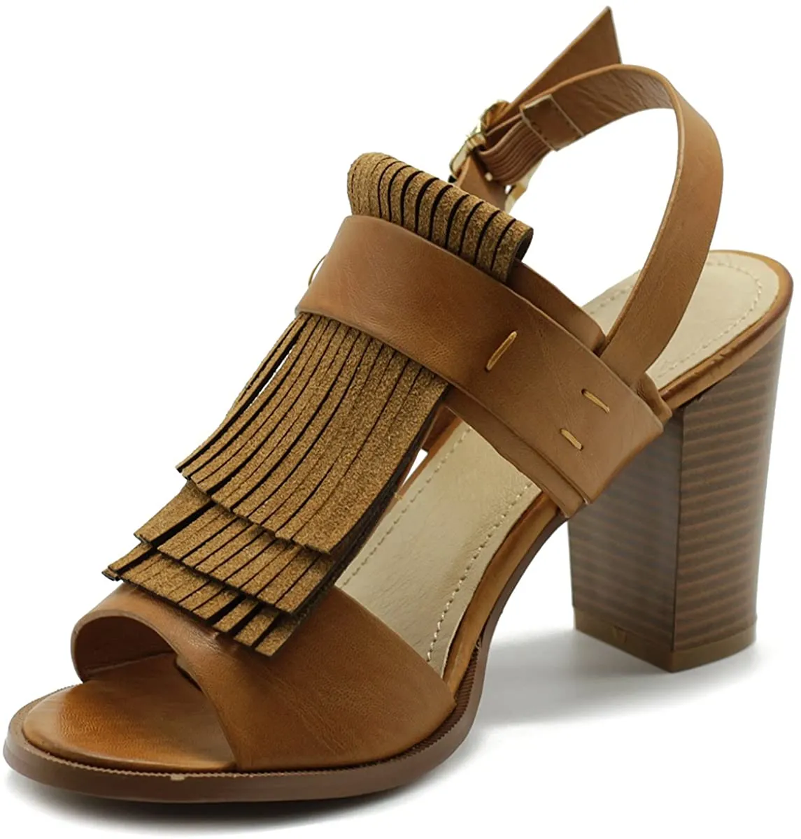 Ollio Womens Shoe Fringe Stack Block High Heel Sandal