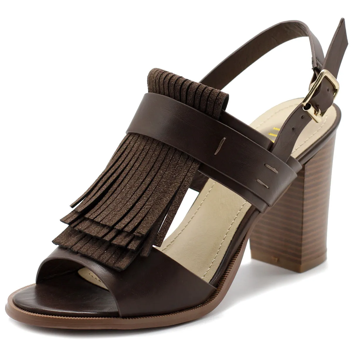 Ollio Womens Shoe Fringe Stack Block High Heel Sandal