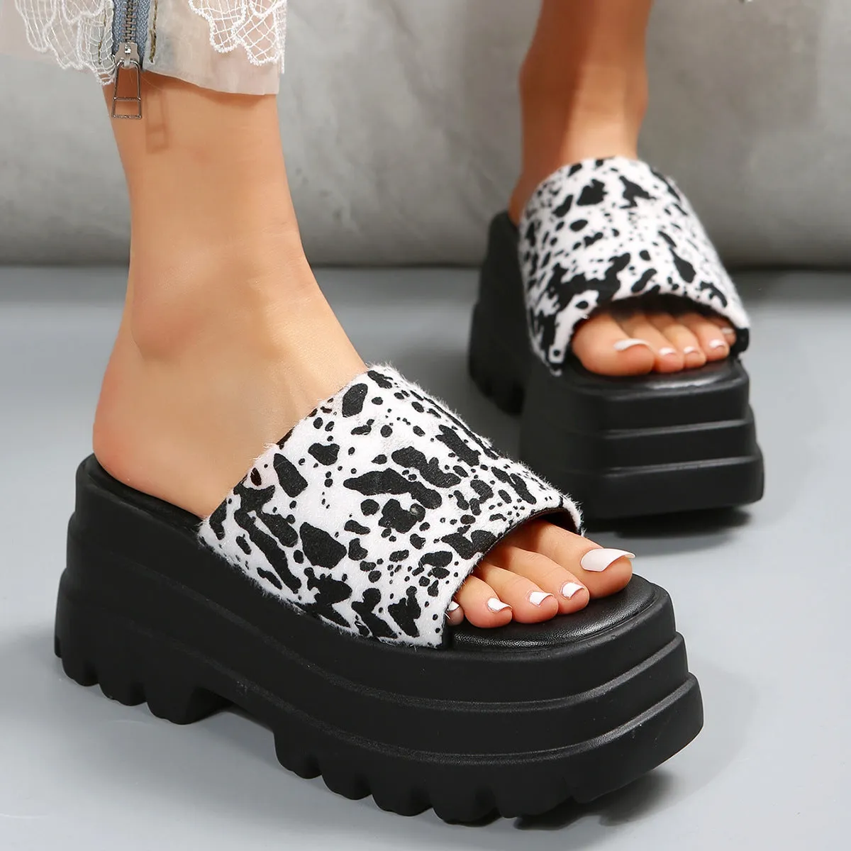 Peep Toe Slipper High Heel Flat Shoes Summer Cow Print Sandals | Brodtica.com