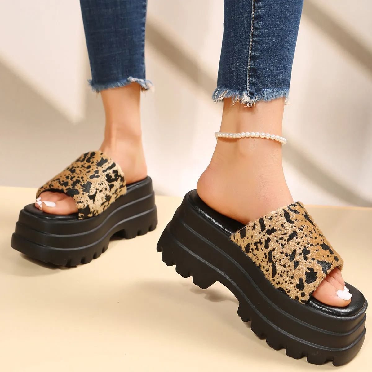 Peep Toe Slipper High Heel Flat Shoes Summer Cow Print Sandals | Brodtica.com