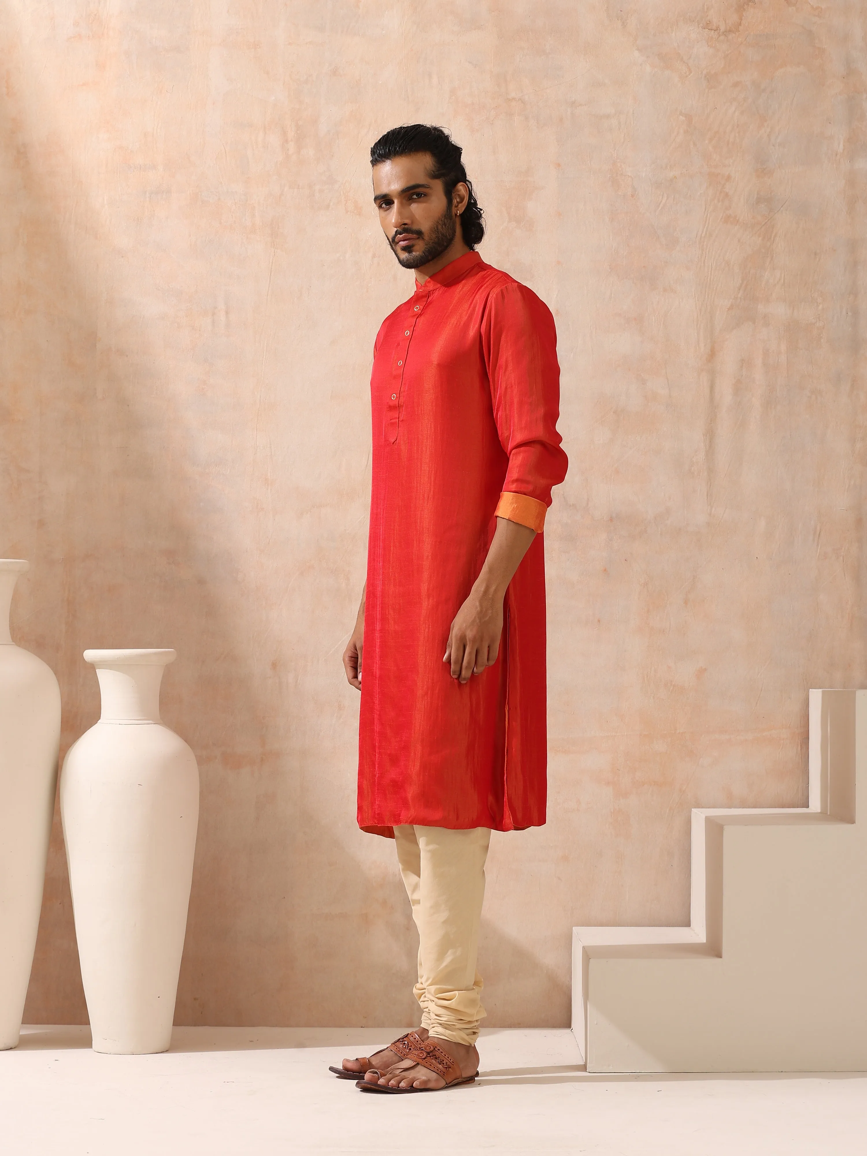 Reversible Orange and Red Satin Kurta