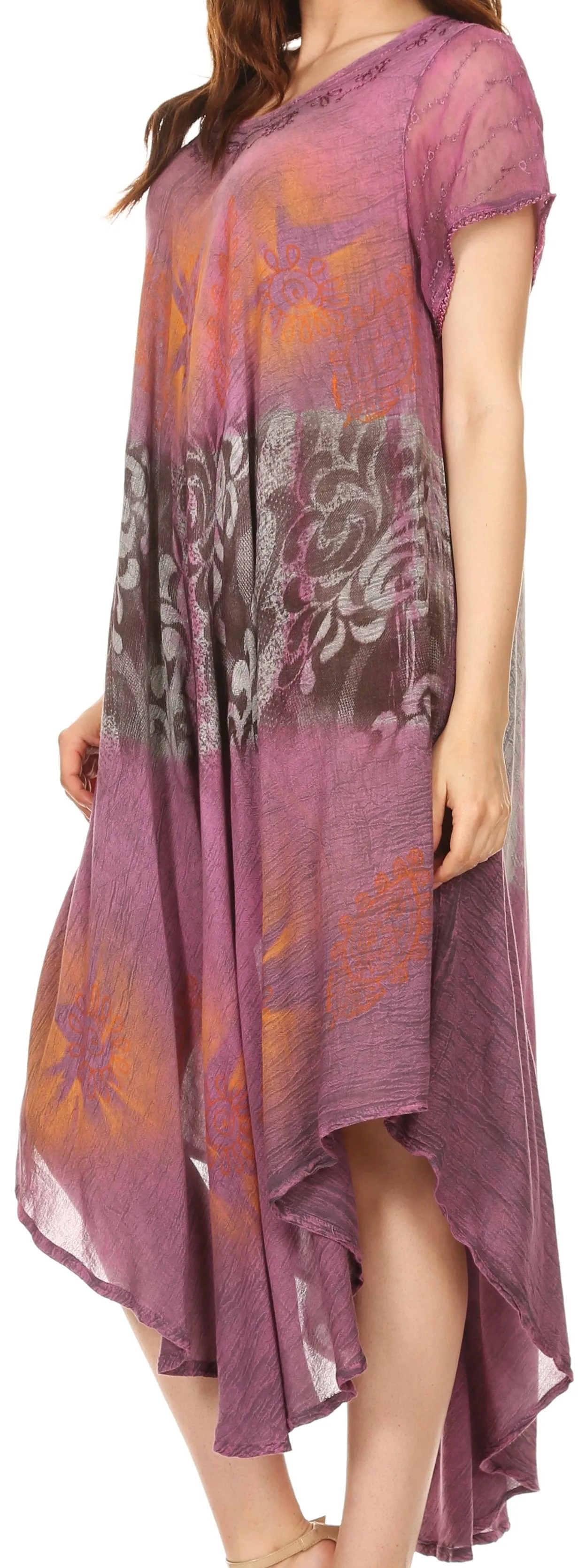 Sakkas Laramie Short Sleeve Stonewashed Ethnic Print Dress with Embroidery