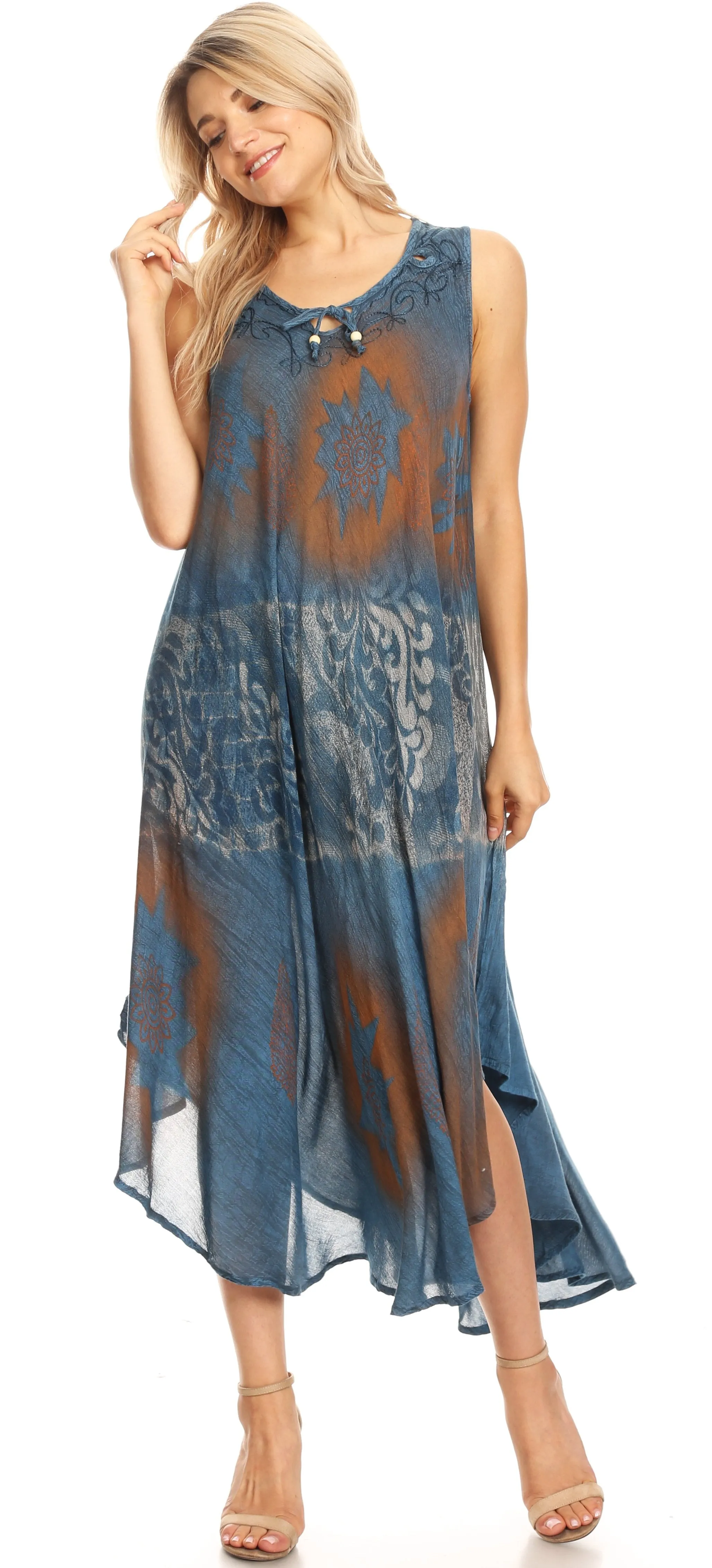 Sakkas Laramie Short Sleeve Stonewashed Ethnic Print Dress with Embroidery