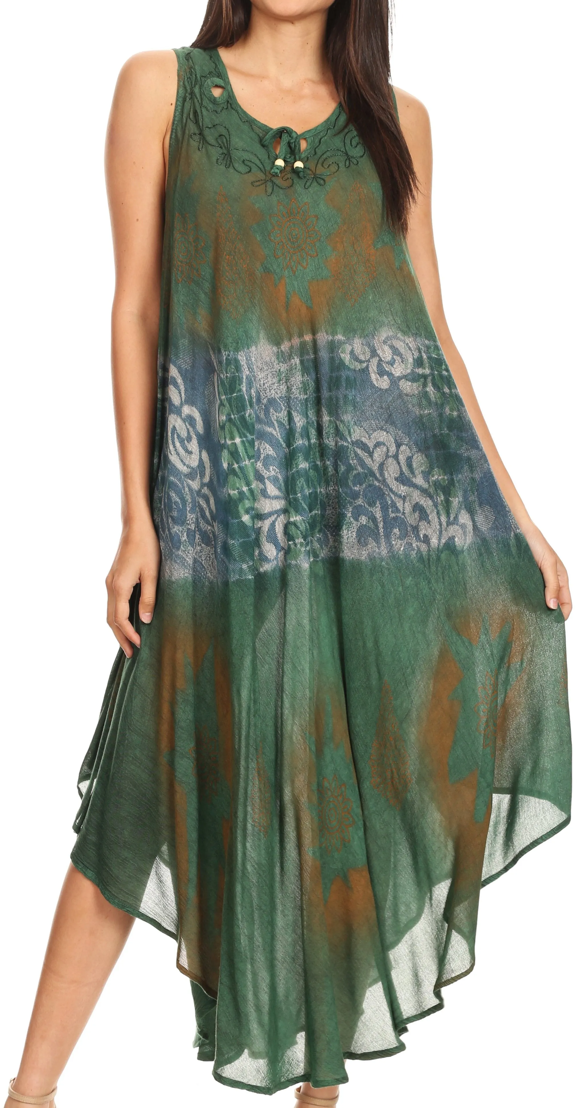 Sakkas Laramie Short Sleeve Stonewashed Ethnic Print Dress with Embroidery