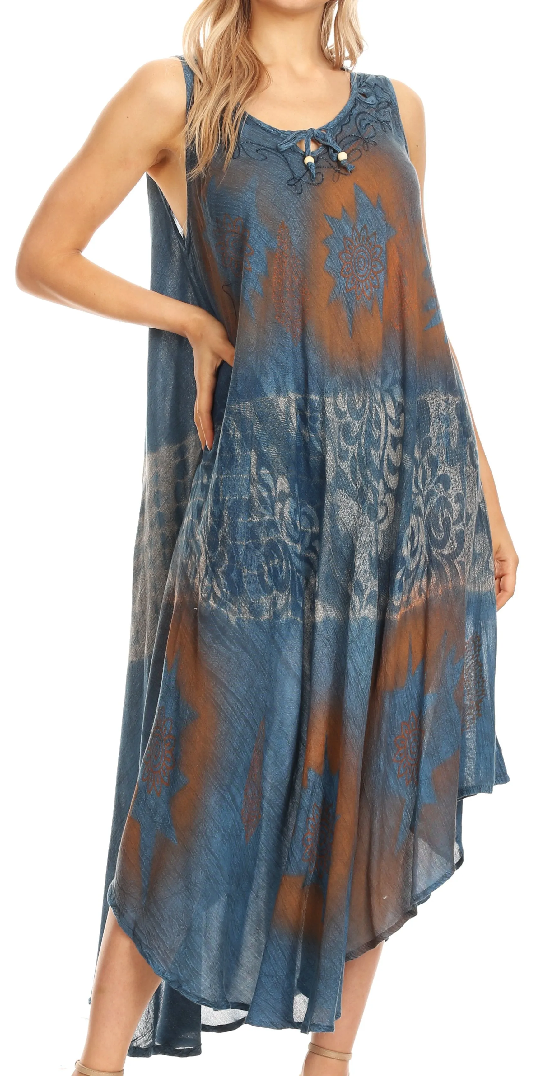 Sakkas Laramie Short Sleeve Stonewashed Ethnic Print Dress with Embroidery