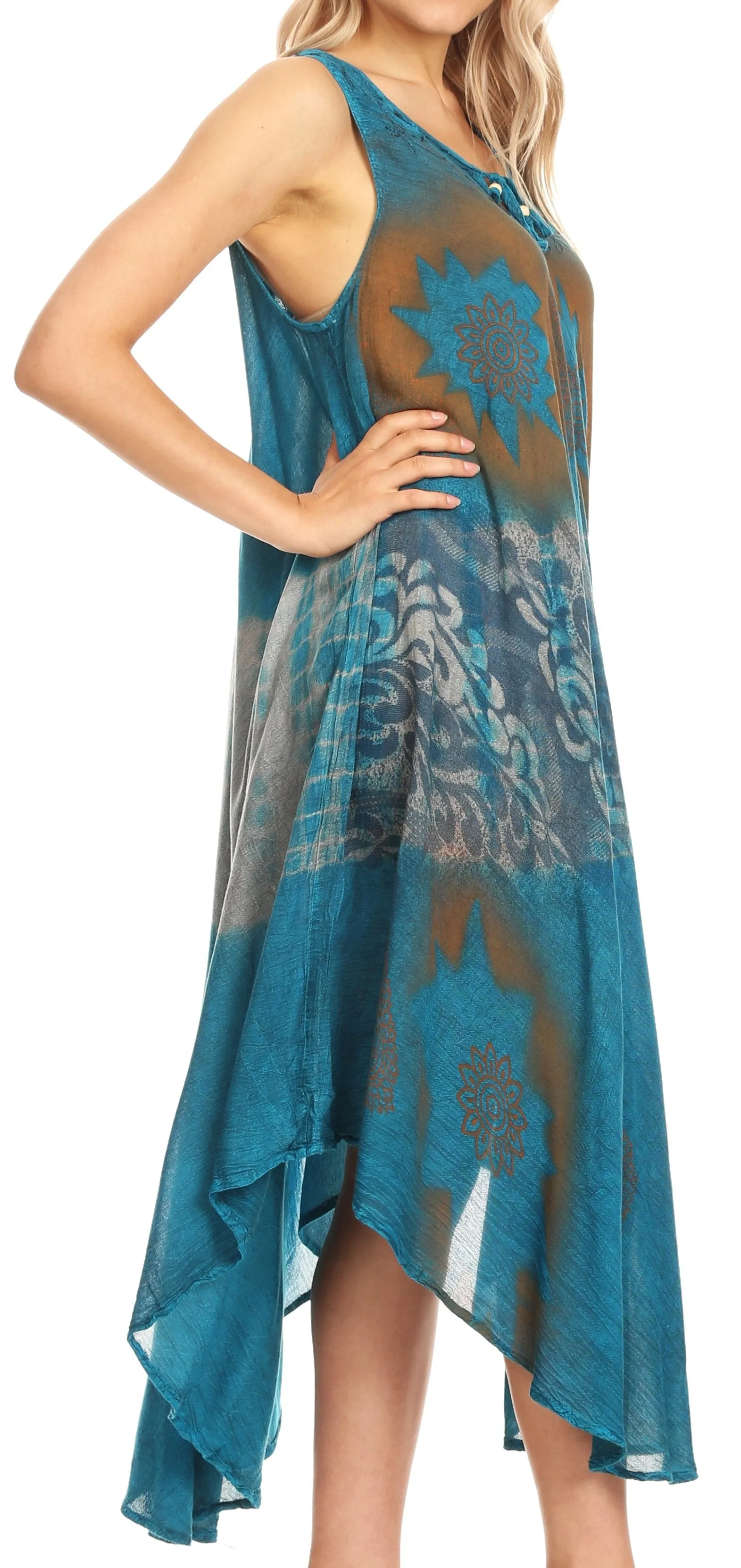 Sakkas Laramie Short Sleeve Stonewashed Ethnic Print Dress with Embroidery