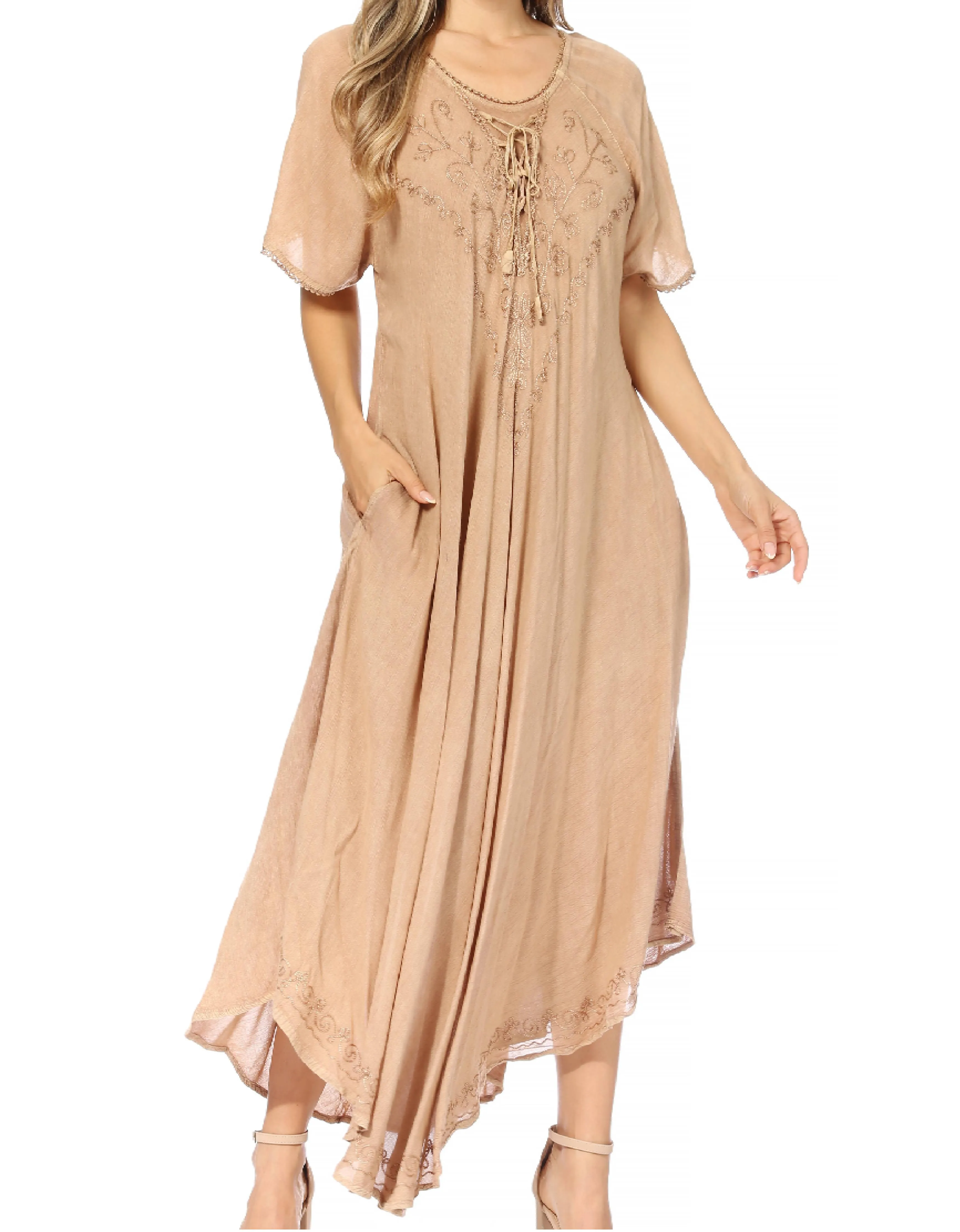 Sakkas Lilia Embroidered Lace Up Bodice Relaxed Fit  Maxi Sun Dress