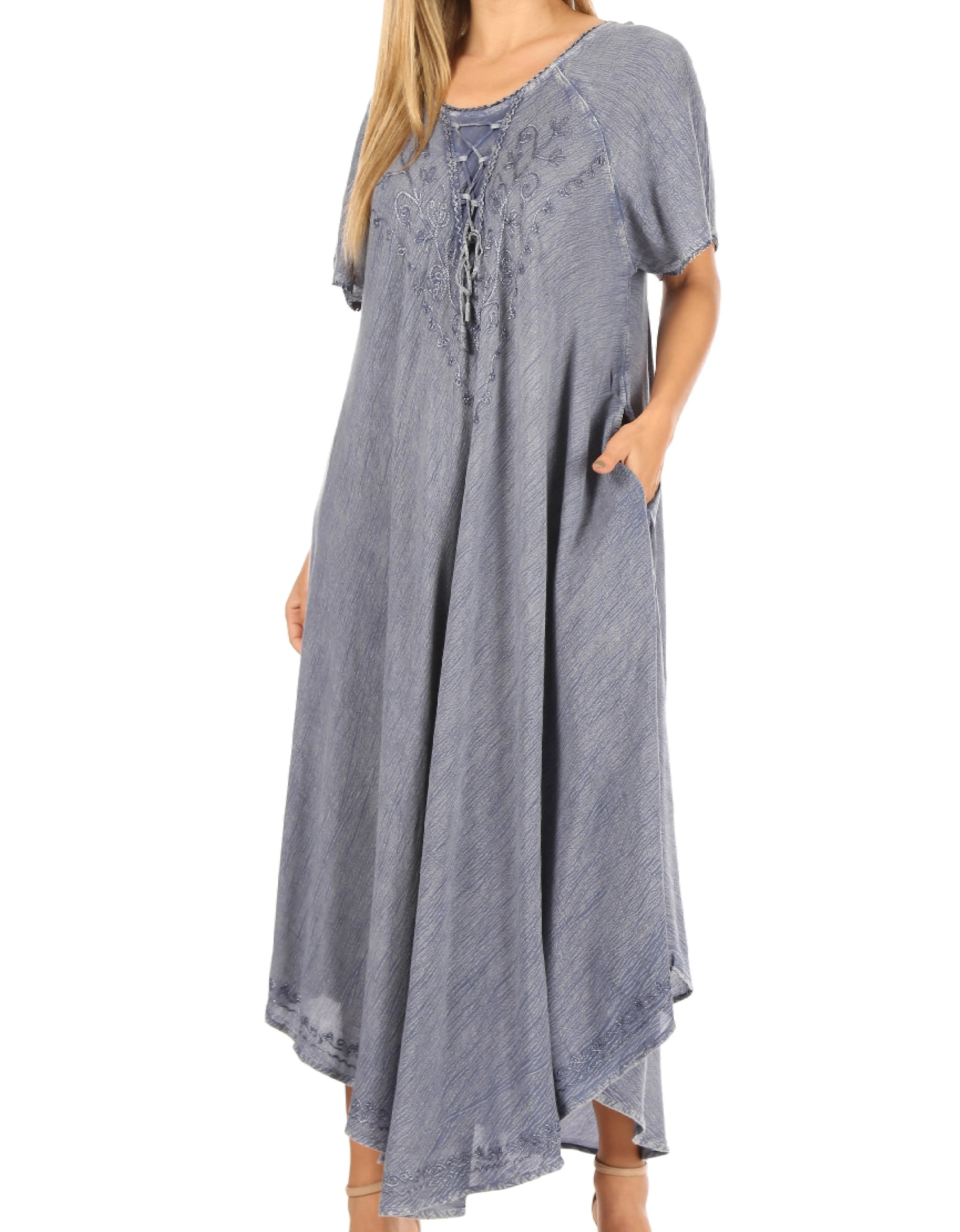 Sakkas Lilia Embroidered Lace Up Bodice Relaxed Fit  Maxi Sun Dress